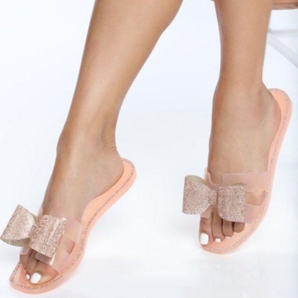 Embellished Bow Jelly Sandals in Black - Picture 7 of 9